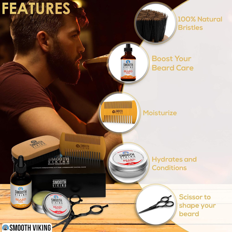 Beard Grooming Kit For Men | Beard Growth Kit With 100% Boar Beard Brush And Comb, Stainless Steel Trimming Beard Scissors, Moisturizing Beard Oil And Balm - Gift Sets For Men