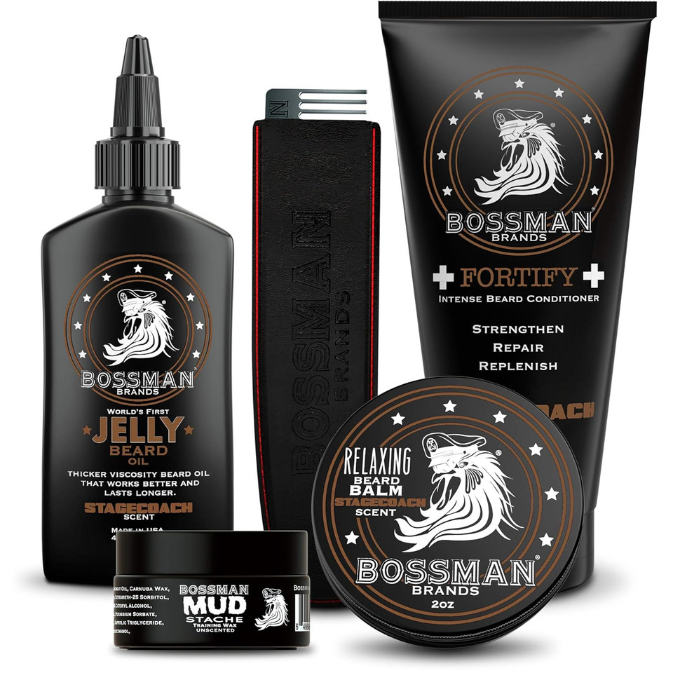 Bossman Complete Beard Kit - Men'S Beard Oil Jelly, Fortify Shower Conditioner, Balm, Mustache Wax And Comb - Beard Softener, Growth, Care And Grooming Products Kit (Stagecoach)