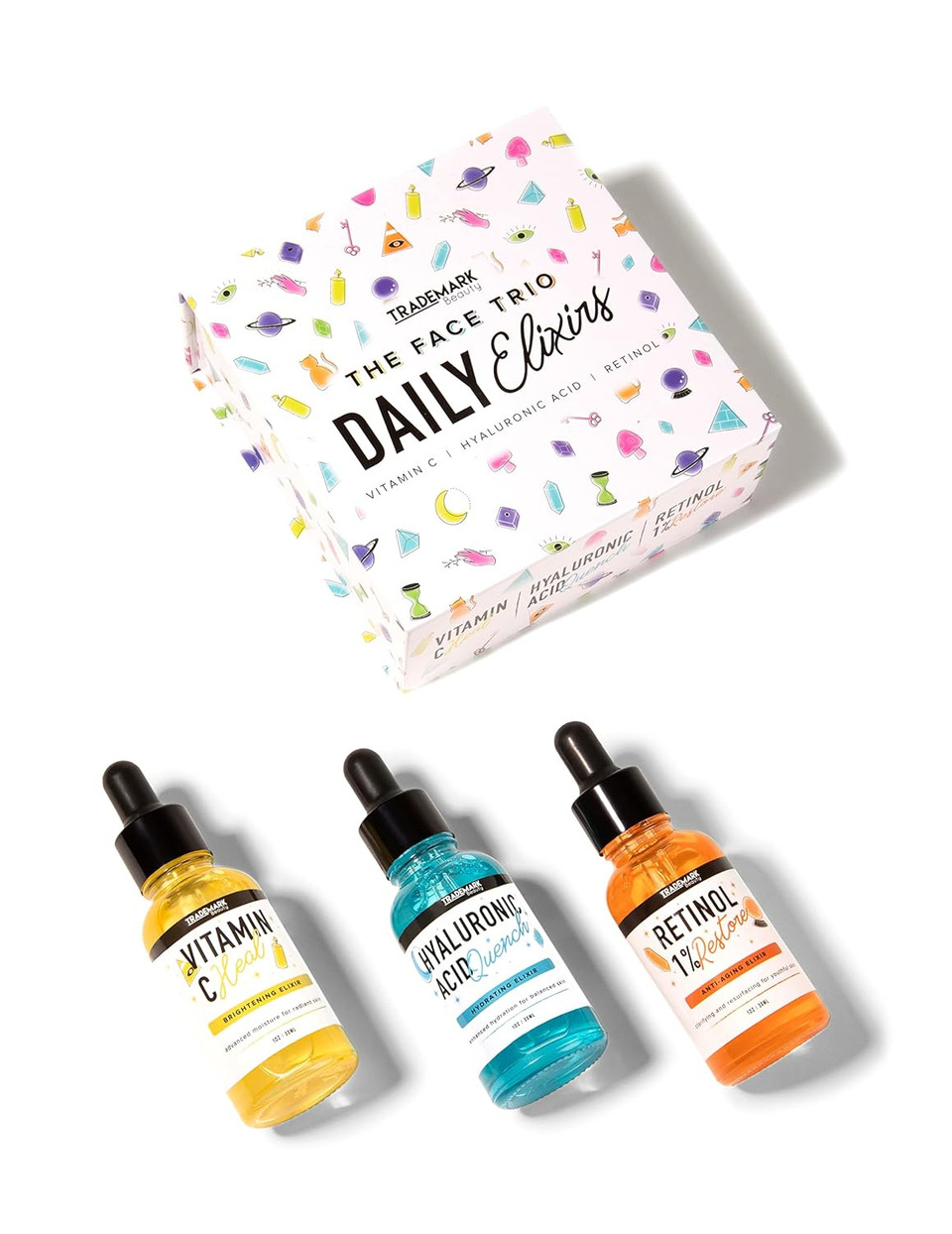 Trademark Beauty Daily Elixirs Facial Serum Trio, 3 Pack Of Anti Aging Serums, Includes Hyaluronic Acid, Retinol, And Vitamin C Serums, Reduce Fine Lines And Wrinkles, 3 Pack Bundle, (60 Ml Each)