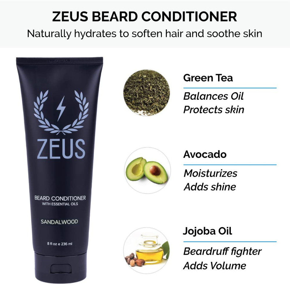 ZEUS Beard Starter Kit for Thick Beards, Natural Beard Shampoo, Beard Conditioner & Premium Refined Beard Oil (Sandalwood) MADE IN USA