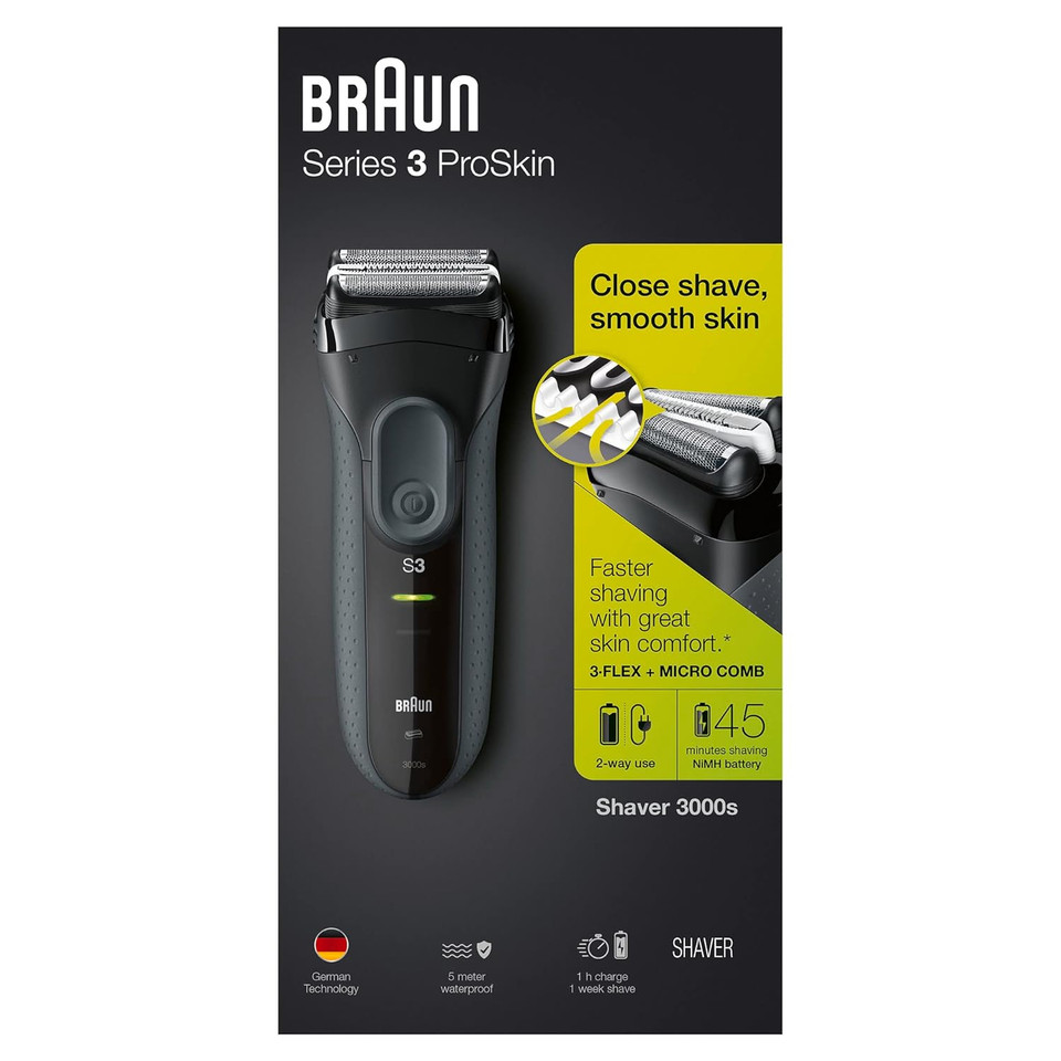 Braun Series 3 Proskin 3000S Electric Shaver For Men/Rechargeable Electric Razor, Black