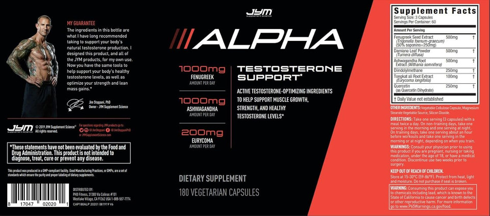 Alpha Jym Testosterone Support | Male Vitality, Hormone Optimization, Ashwagandha, Fenugreek, Eurycoma, Damiana, Quercetin, Dim | Jym Supplemental Science | 180 Vegetarian Capsules