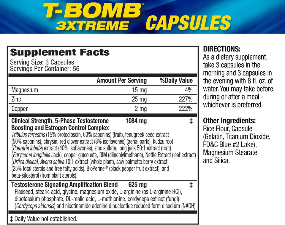 Mhp T-Bomb 3Xtreme Clinically Tested, Testosterone Booster For Men, Increase Libido, 168 Count