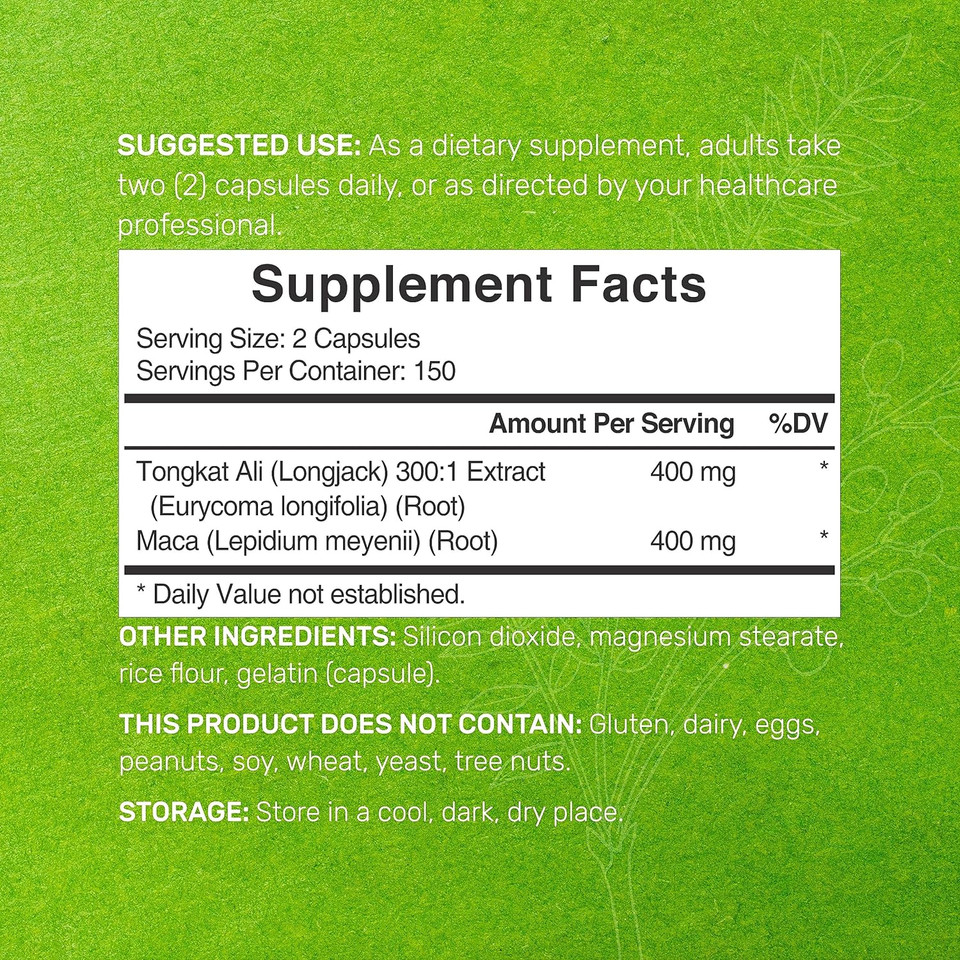 Tongkat Ali Extract 300:1 400Mg & Maca Root 400Mg | 300 Capsules, Ultra Strength Longjack (Eurycoma Longifolia) + Peru Maca  Non-Gmo, Herbal Supplement For Men Health, Performance, & Energy