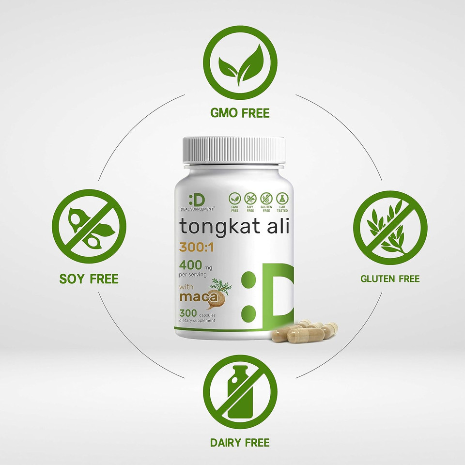 Tongkat Ali Extract 300:1 400Mg & Maca Root 400Mg | 300 Capsules, Ultra Strength Longjack (Eurycoma Longifolia) + Peru Maca  Non-Gmo, Herbal Supplement For Men Health, Performance, & Energy