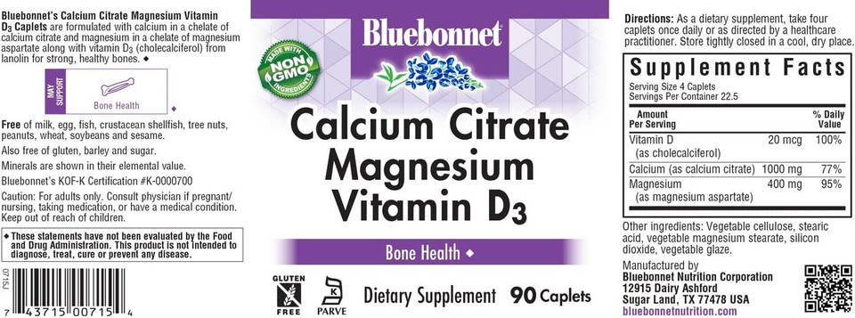 Bluebonnet Nutrition Calcium Citrate Magnesium Plus Vitamin D3 Caplets, Bone Health & Muscle Relaxation, Non Gmo, Gluten, Soy & Milk Free, Kosher, White, 90 Count