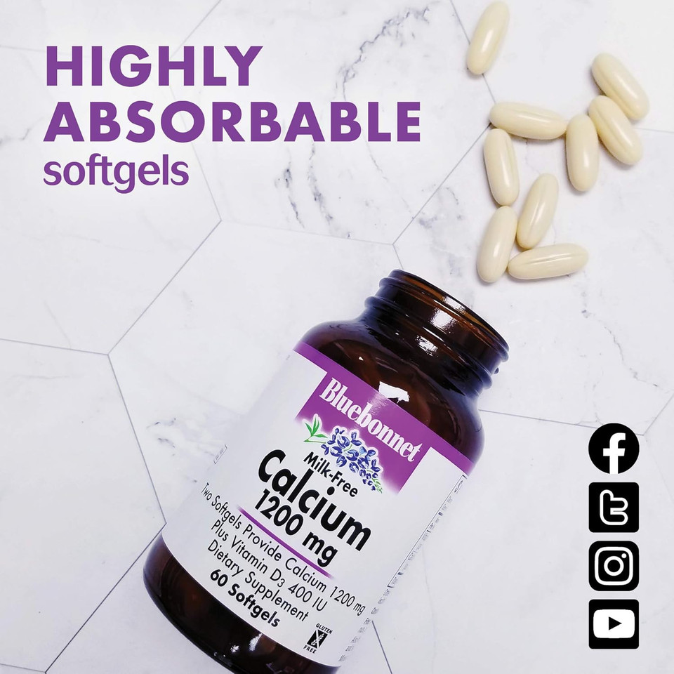 Bluebonnet Nutrition Milk-Free Calcium 1,200 Mg Plus Vitamin D3 400 Iu - High Potency, Maximum Absorption Strong Healthy Bones & Immune Health Support Supplement, Gluten-Free, Dairy-Free, 60 Softgels