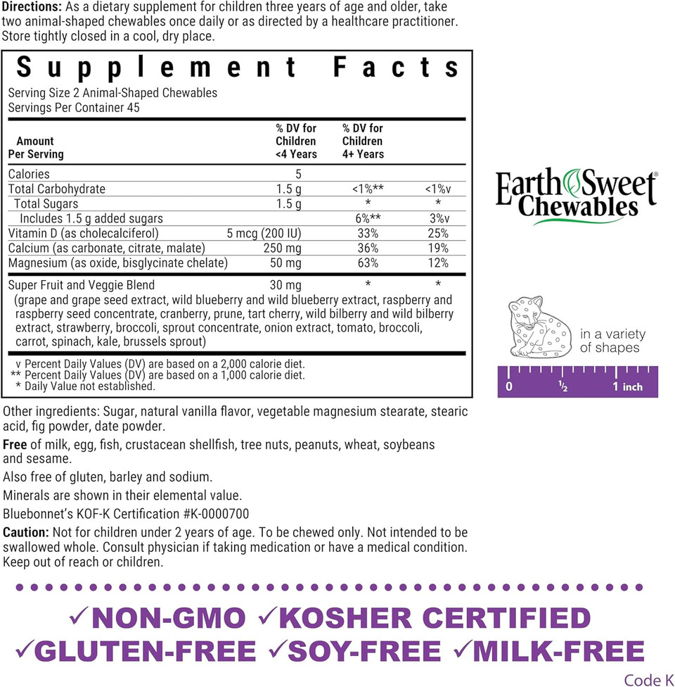 Bluebonnet Super Earth Rainforest Animalz Calcium Magnesium And Vitamin D3 Chews, Natural Vanilla Frosting, White, 90 Count