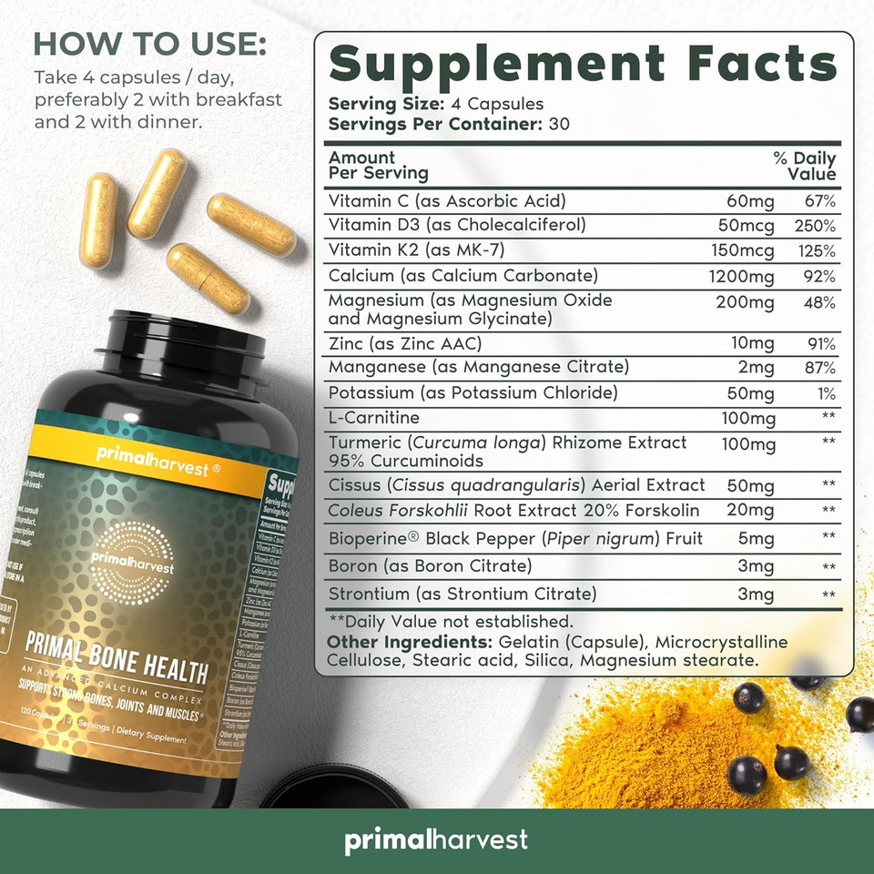 Calcium Carbonate Bone Health Complex By Primal Harvest For Men And Women With Calcium, Magnesium, Zinc, Manganese, Potassium, And L-Carnitine