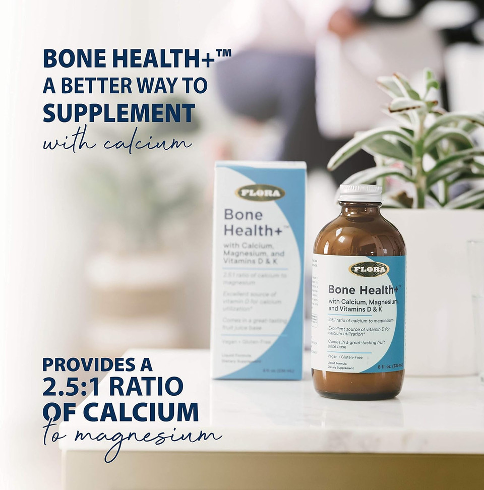 Flora - Bone Health+ With Calcium, Magnesium And Vitamins D & K, 2.5:1 Ratio Of Calcium To Magnesium, Vegan, Gluten-Free Fruit Juice Base, 8-Fl. Oz. Glass Bottle