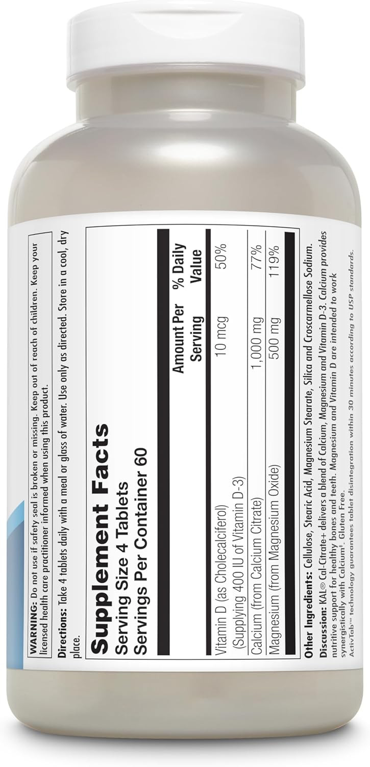 Kal Cal-Citrate+, Calcium Citrate Plus Vitamin D-3 And 500 Mg Of Magnesium, Healthy Bones And Teeth Support, Gluten Free And Lab Verified For Quality, 60 Servings, 240 Tablets