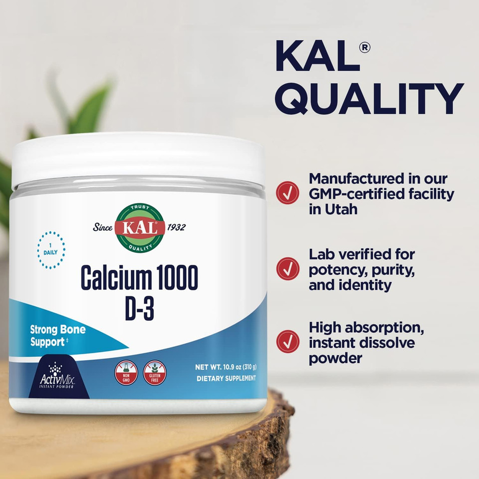 Kal Calcium Vitamin D-3 Activmix, Powder Calcium Supplement, Bioavailable Calcium Lactate And Gluconate, Bone Health Support, Unflavored, Non-Gmo, Gluten Free, 60-Day Guarantee, 31 Servings, 10.9 Oz