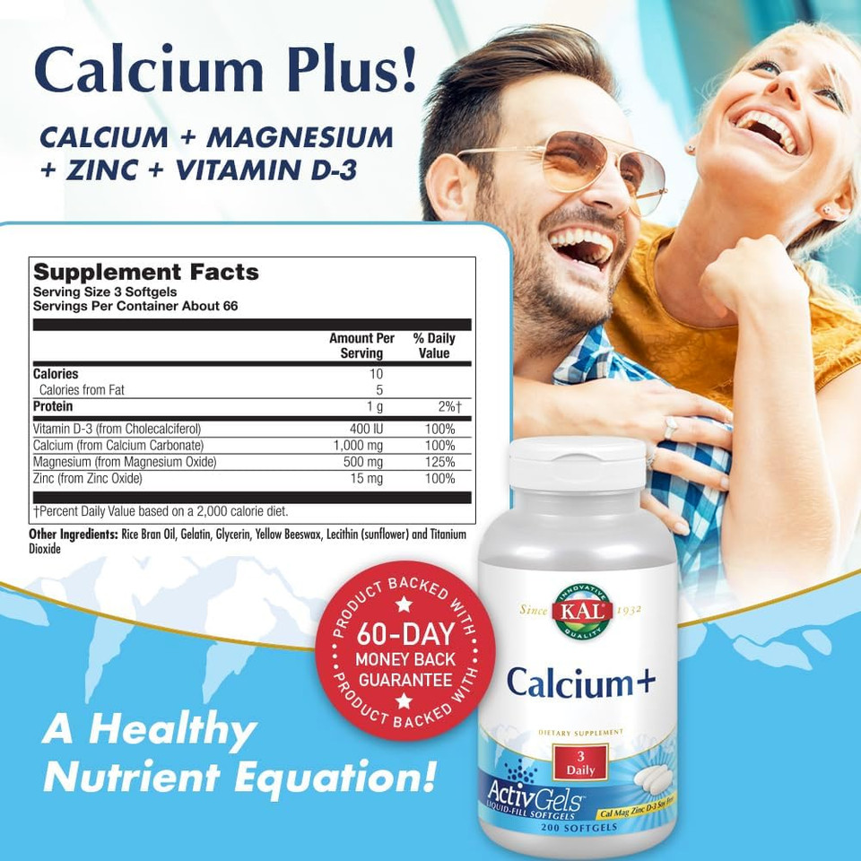 Kal Calcium+ Activgels 1000Mg | Calcium, Magnesium, Zinc And Vitamin D-3 | Formulated To Help Support Healthy Teeth & Bones | Soy Free | 100 Softgels