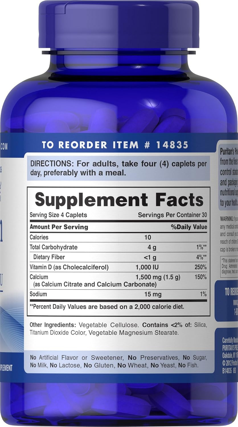 Puritan'S Pride Calcium 1500 Mg With Vitamin D 1000 Iu-120 Coated Caplets, 120 Count (Pack Of 1) (14835)