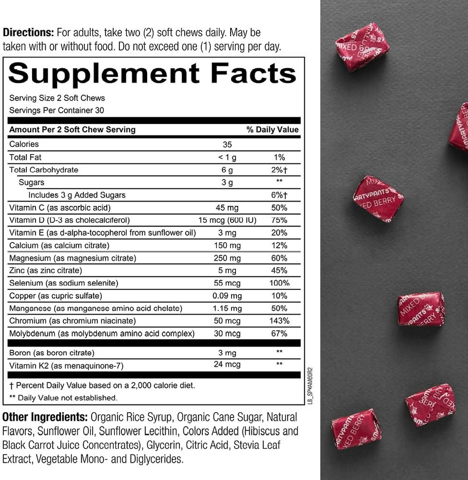 Smartypants Adult Daily Mineral Vitamins: Calcium, Magnesium Citrate, D3, Zinc & Chromium For Immune Support, Energy, Bone & Muscle Function, 60 Soft Chews (30 Day Supply)