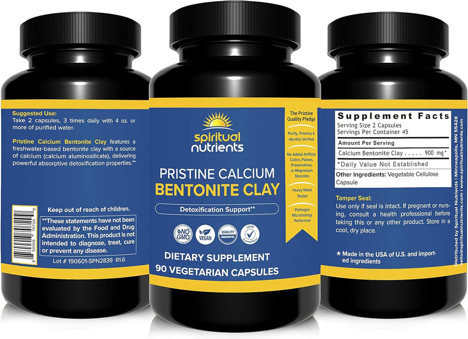 Spiritual Nutrients Pristine Calcium Bentonite Clay | Whole Body Detoxification, Featuring Calcium Aluminosilicate | Non-Gmo, Vegan | 90 Capsules
