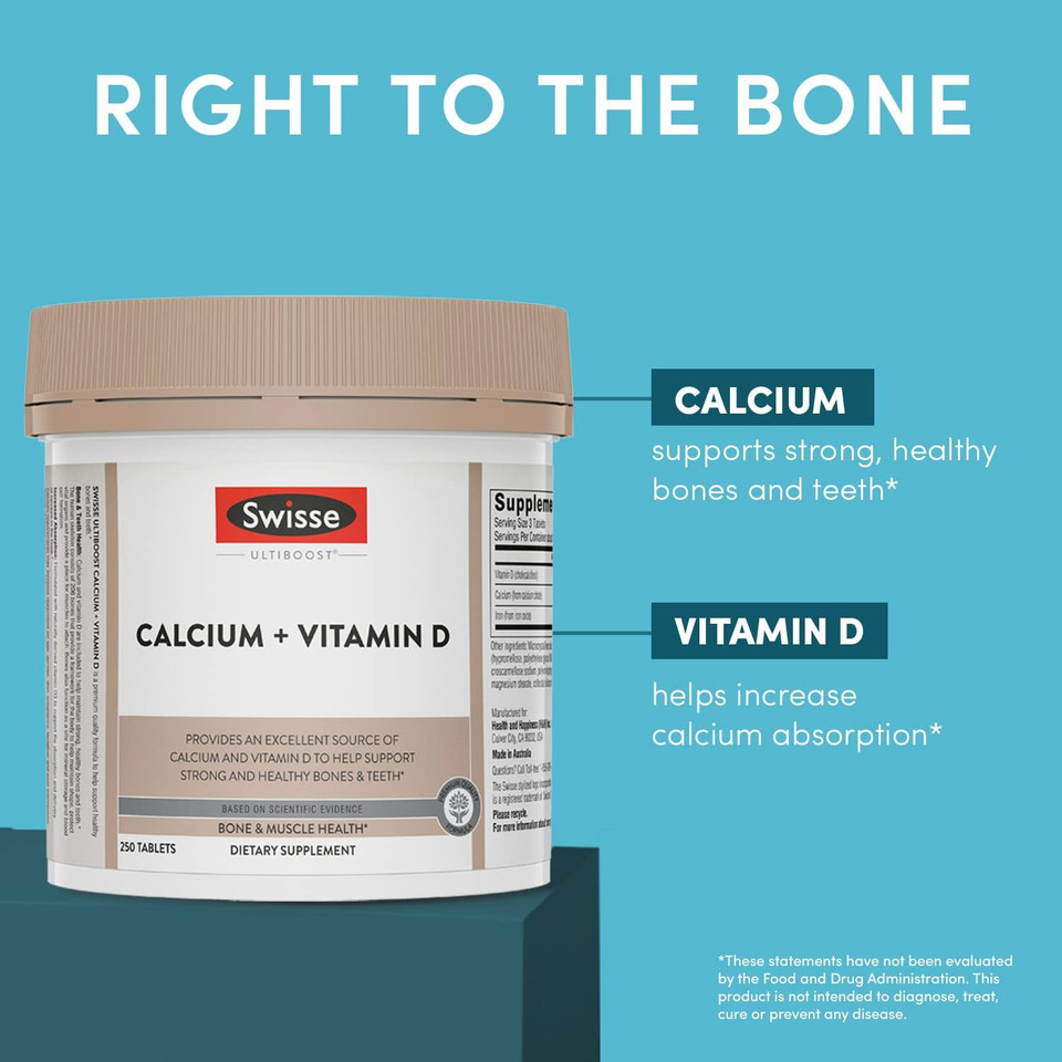 Swisse Calcium With Vitamin D | Calcium Citrate & Calcium Carbonate With Vitamin D3 | Calcium Supplement For Women & Men | 1000Mg | Bone Strength Support | 250 Tablets