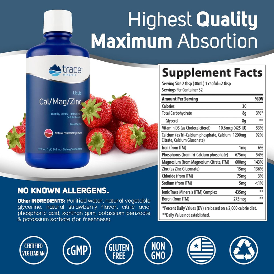 Trace Minerals | Liquid Cal/Mag/Zinc | Calcium, Magnesium, Zinc, Vitamin D3 | Dietary Supplement Supports Tissue, Muscle, And Bone Density | Natural Strawberry Flavor | 32 Servings, 32 Fl Oz32 Fl Oz (Pack Of 1)