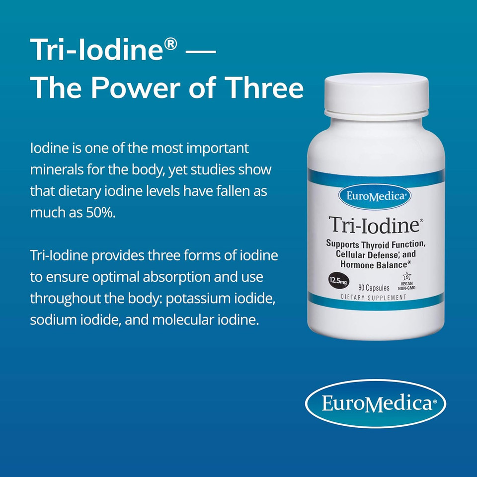 Euromedica Tri-Iodine - 12.5Mg, 90 Capsules - Potassium Iodide, Sodium Iodide & Molecular Iodine - Three Beneficial Forms Of Iodine - Supports Healthy Thyroid & Immune Function - 90 Servings