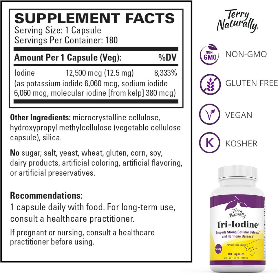 Terry Naturally Tri-Iodine 12.5 mg - 180 Capsules - Pack of 2 - Supports Hormone Balance, Promotes Breast & Prostate Health - Non-GMO, Gluten Free, Vegan, Kosher - 360 Total Servings