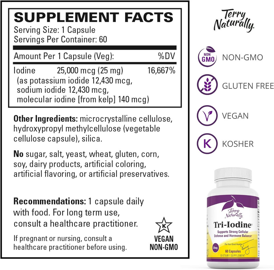 Terry Naturally Tri-Iodine 25 Mg - 60 Capsules, Pack Of 2 - Supports Hormone Balance, Promotes Breast & Prostate Health - Non-Gmo, Vegan, Gluten Free, Kosher - 120 Total Servings