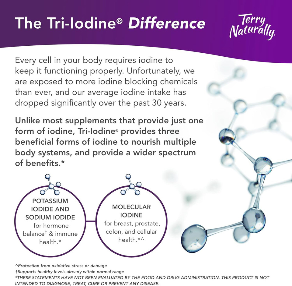 Terry Naturally Tri-Iodine 3 Mg - 3000 Mcg Iodine, 90 Vegan Capsules - Supports Hormone Balance, Promotes Breast & Prostate Health - Non-Gmo, Gluten-Free, Kosher - 90 Servings