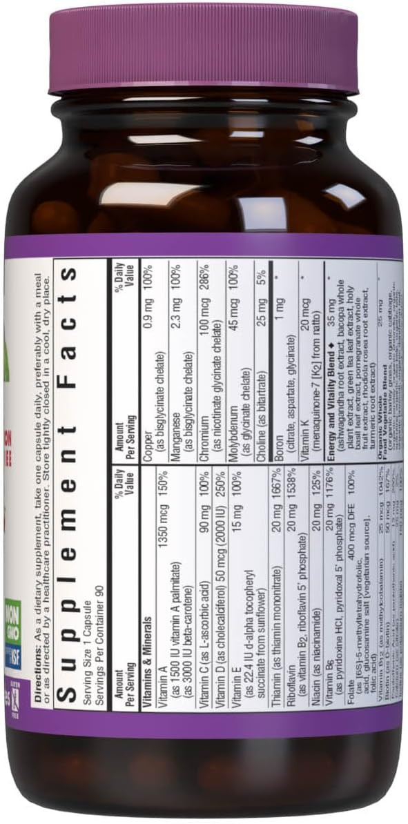 Bluebonnet Nutrition Maxi One (Iron-Free), Whole Food Multiple, Enzymes, Energy, Vitality, Gluten, Soy & Green Free, Kosher, Vegetarian Friendly, Non-Gmo, 90 Count