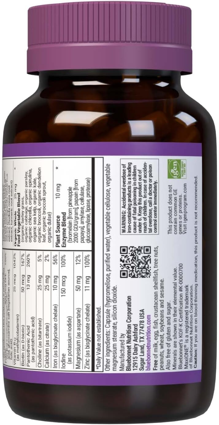 Bluebonnet Nutrition Maxi One (With Iron), Whole Food Multiple, Enzymes, Energy, Vitality, Gluten & Dairy & Soy Free, Kosher, Vegetarian Friendly, Non-Gmo, 2 Month Supply, Beige, 60 Count