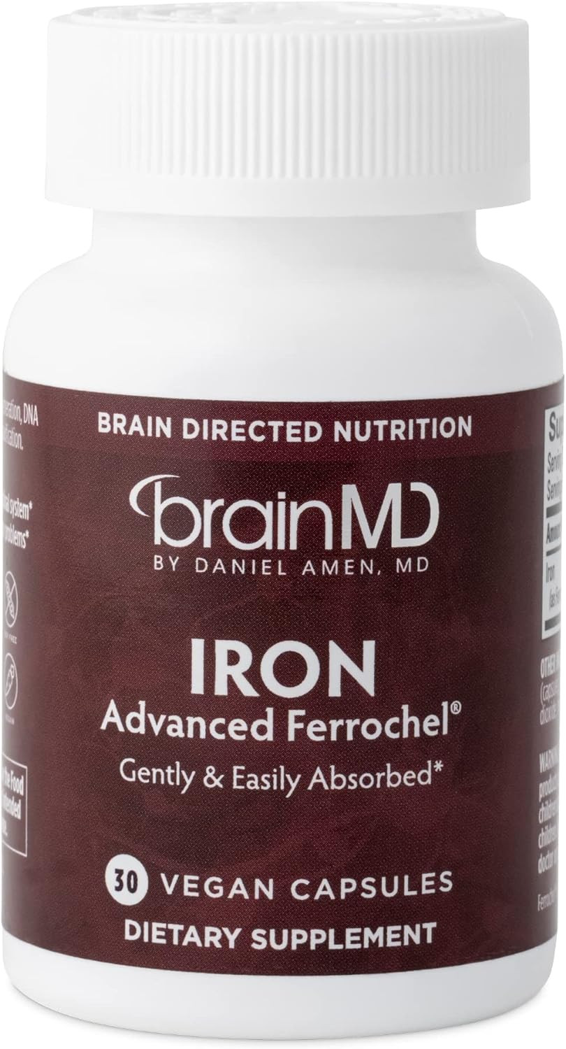 Dr Amen Brainmd Iron - 30 Capsules - Supports Energy Production, Cognitive Function & Gene Regulation - Gentle & Easily Absorbed - Gluten Free - 30 Servings