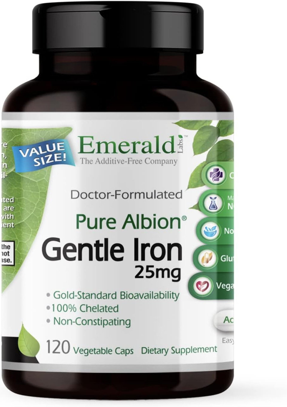 Emerald Labs Gentle Iron 25Mg - Non-Constipating Dietary Supplement With Ferrous Bisglycinate Chelate And Tocotriene Complex - Energy Booster - 120 Vegetable Capsules