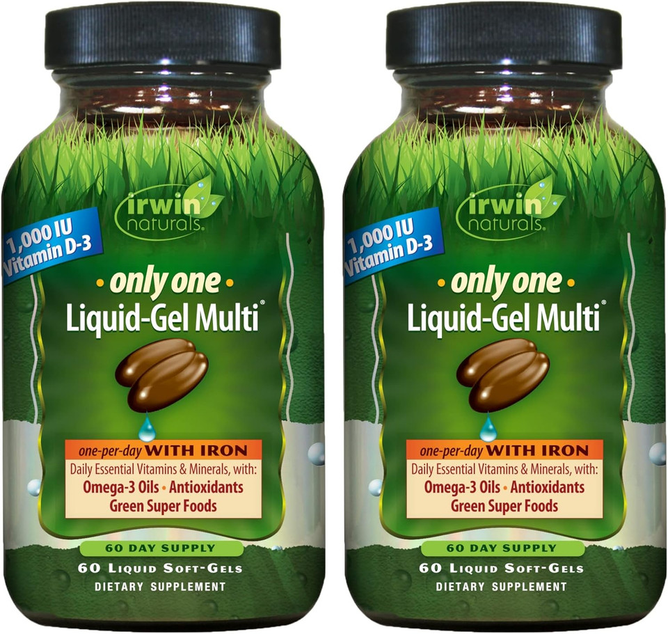 Irwin Naturals Only One Liquid-Gel Multi With Iron - 60 Liquid Soft-Gels, Pack Of 2 - Omega-3 Oils, Antioxidants & Green Super Foods - 120 Total Servings