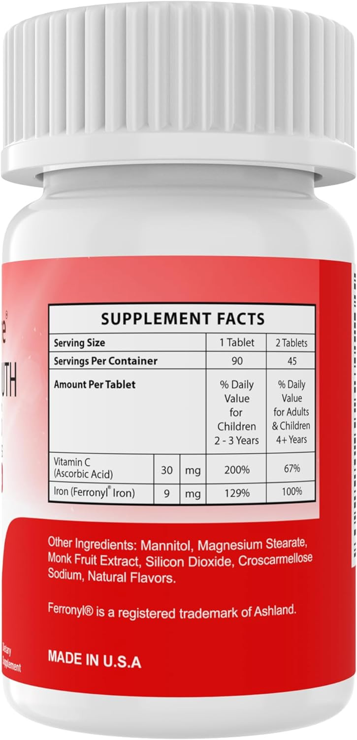 Kids Chewable Iron Supplement (Ferronylã¢Â®/Carbonyl Iron 9 Mg With Vitamin C 30 Mg) Tablet In Tangerine Tango Orange Flavor 90 Count (1 Bottle)