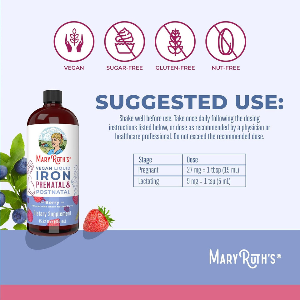 Maryruth Organics | Liquid Iron Supplement Prenatal & Postnatal For Pregnant & Lactating | Iron Deficiency | Immune Support | Sugar/Gluten Free | Vegan | Non-Gmo | 15.22 Fl Oz