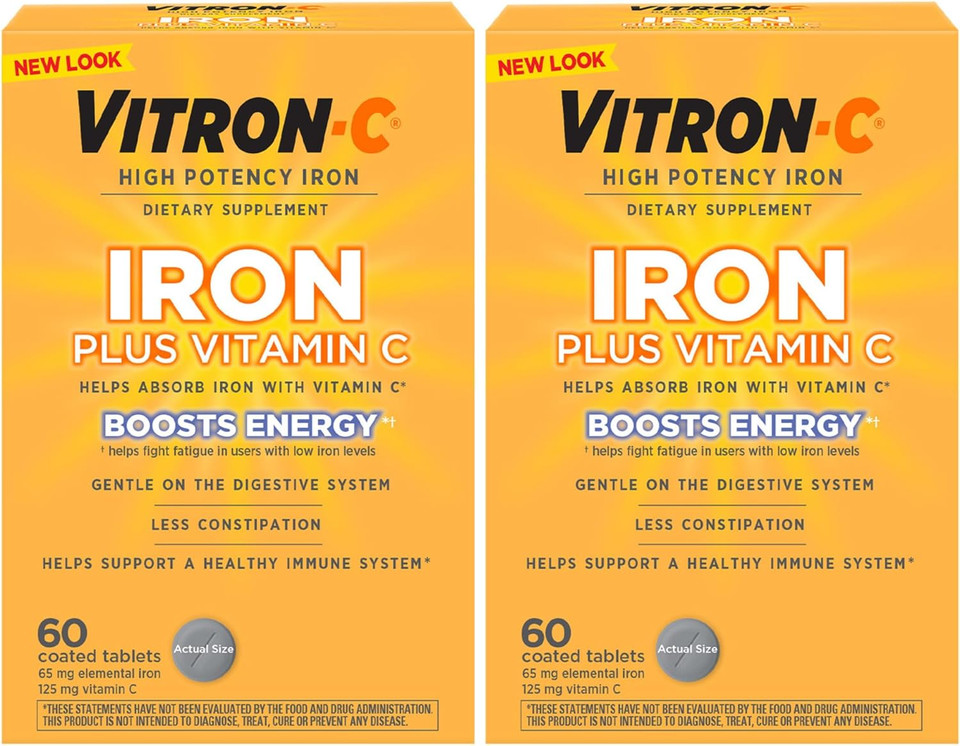 Vitron-C Iron Supplement, Once Daily, High Potency Iron Plus Vitamin C, Support Red Blood Cell Production, Dye Free Tablets, 60 Count, 2 Pack