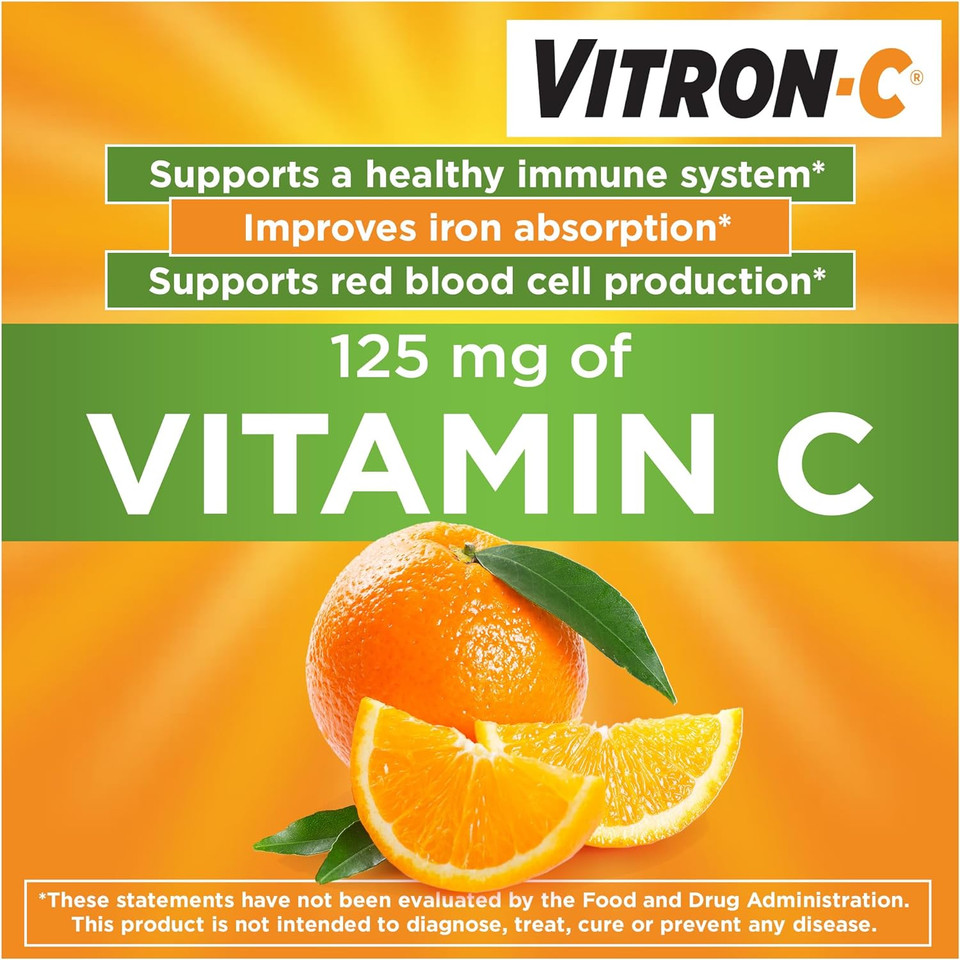 Vitron-C Iron Supplement, Once Daily, High Potency Iron Plus Vitamin C, Support Red Blood Cell Production, Dye Free Tablets, 60 Count, 2 Pack