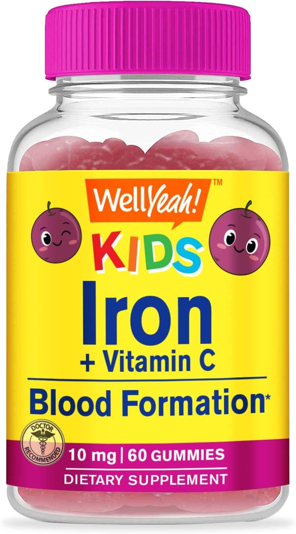 Wellyeah Iron Gummies For Kids With Vitamin C - Anemia Support, Red Blood Cell Formation, Energy, And Immunity Support Gummy, Iron Supplements For Kids - Gmo Free, Natural Grape Flavor - 60 Count