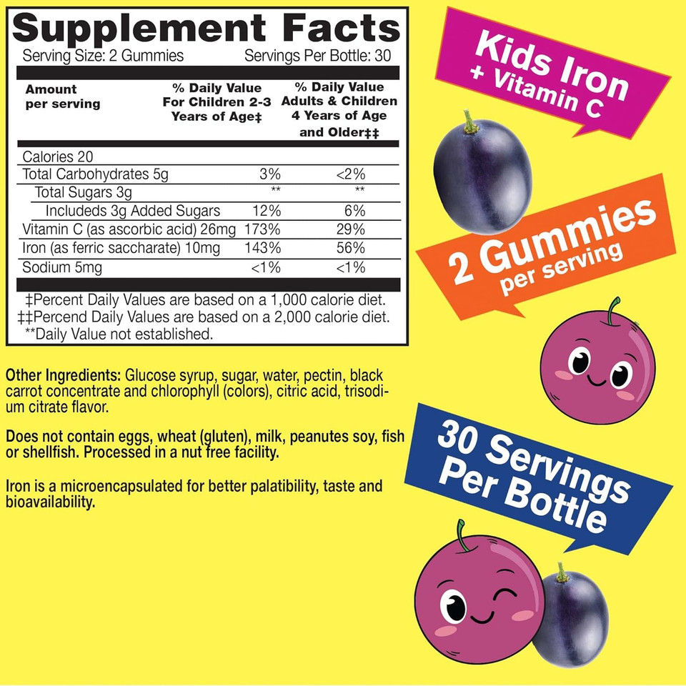Wellyeah Iron Gummies For Kids With Vitamin C - Anemia Support, Red Blood Cell Formation, Energy, And Immunity Support Gummy, Iron Supplements For Kids - Gmo Free, Natural Grape Flavor - 60 Count