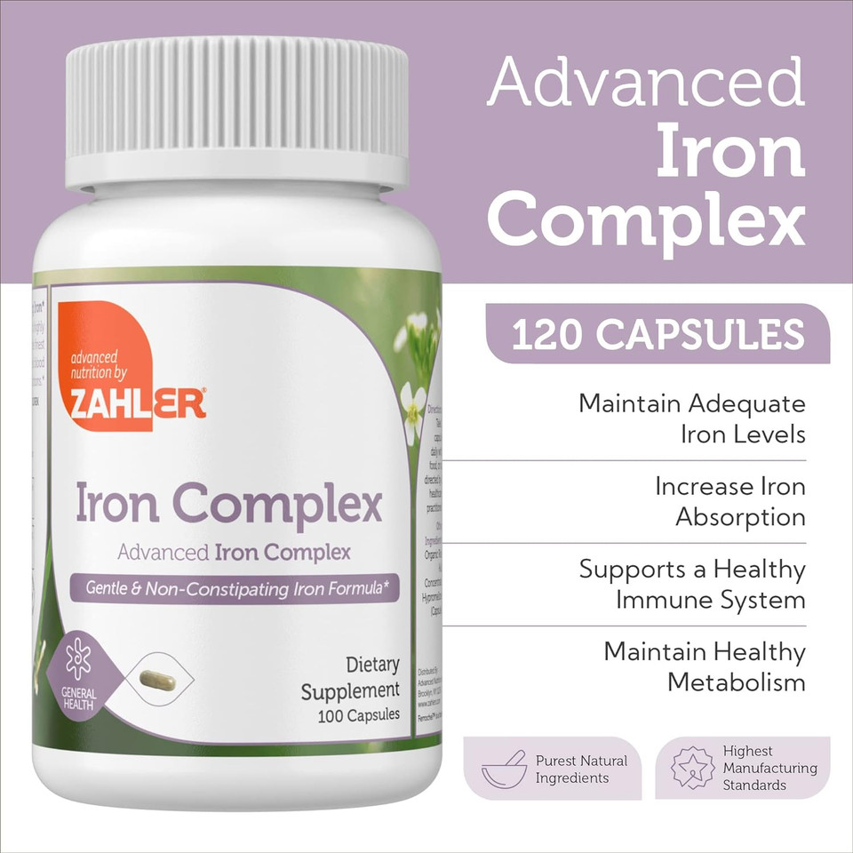 Zahler - Iron Supplement With Vitamin C - Capsule Iron Pills For Women And Men - High Absorption, Easy On Stomach, Kosher Ferrous Iron Supplements With Vitamins C, B12, Folate & More - 100 Count100 Count (Pack Of 1)