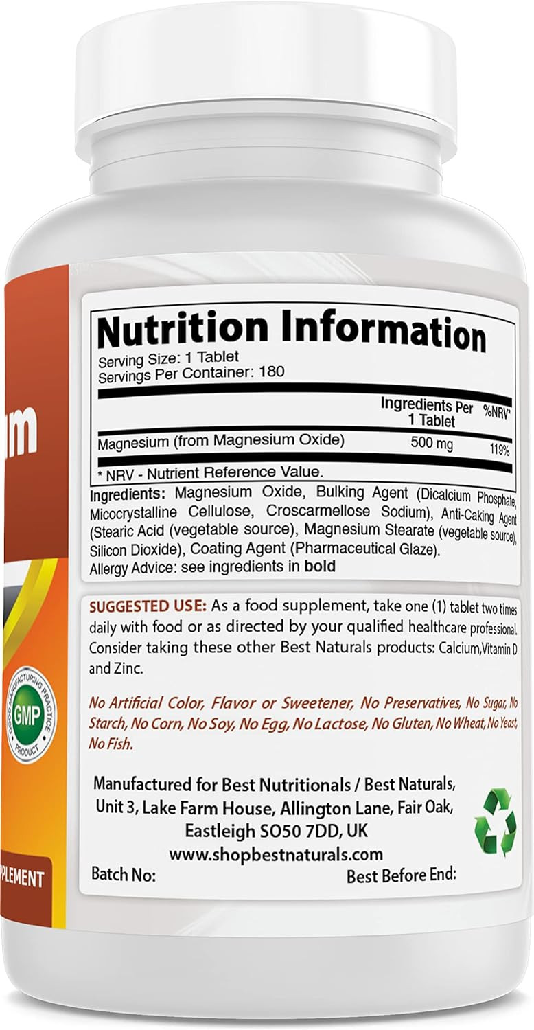 Best Naturals Magnesium Oxide 500 Mg 180 Tablets