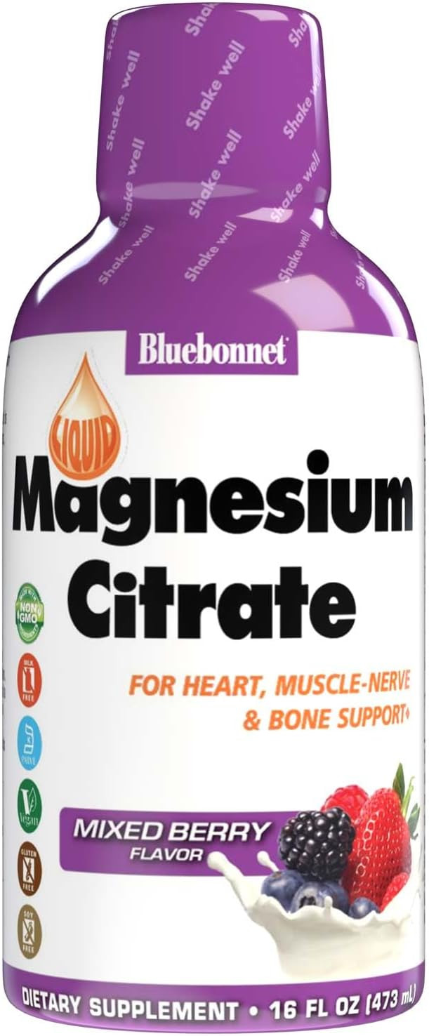 Bluebonnet Nutrition Magnesium Citrate 420 Mg - Calm Mind & Body*  Supports Heart, Muscle & Sleep* - Non-Gmo, Vegan, Kosher, Gluten-Free, Soy-Free, Milk-Free - 16 Fl Oz, Mixed Berry Flavor