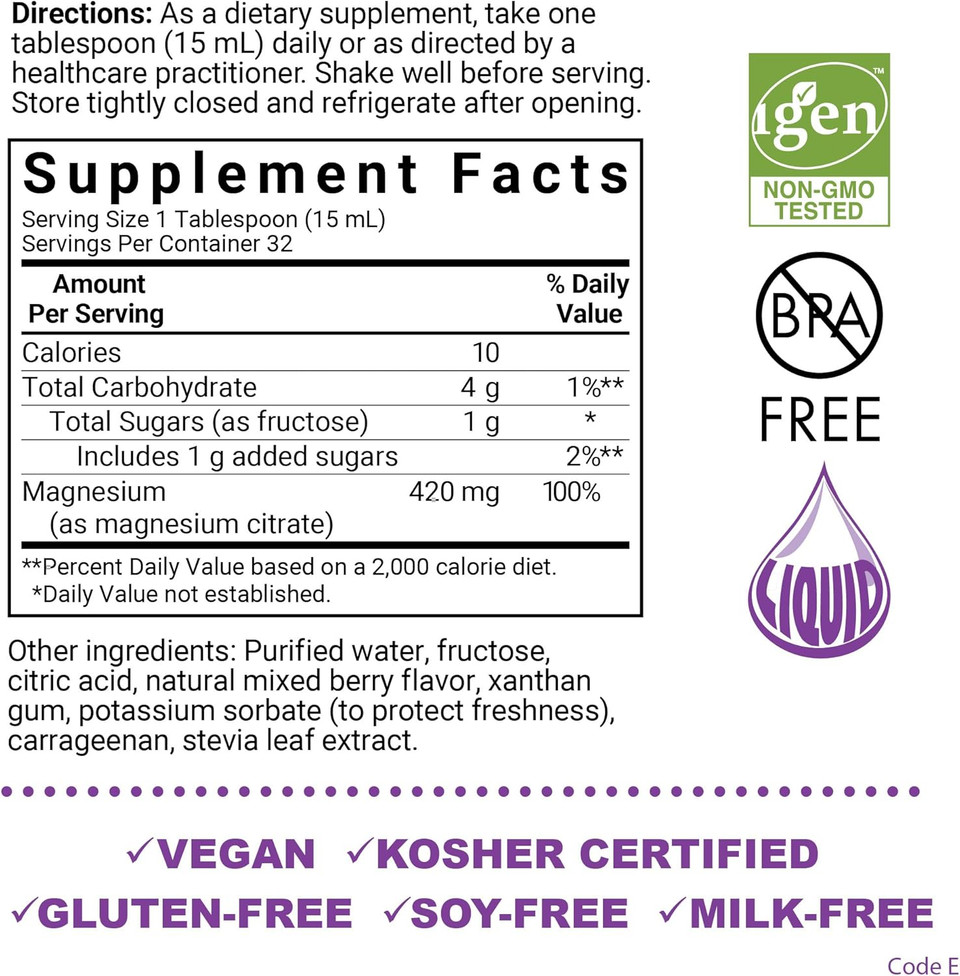 Bluebonnet Nutrition Magnesium Citrate 420 Mg - Calm Mind & Body*  Supports Heart, Muscle & Sleep* - Non-Gmo, Vegan, Kosher, Gluten-Free, Soy-Free, Milk-Free - 16 Fl Oz, Mixed Berry Flavor