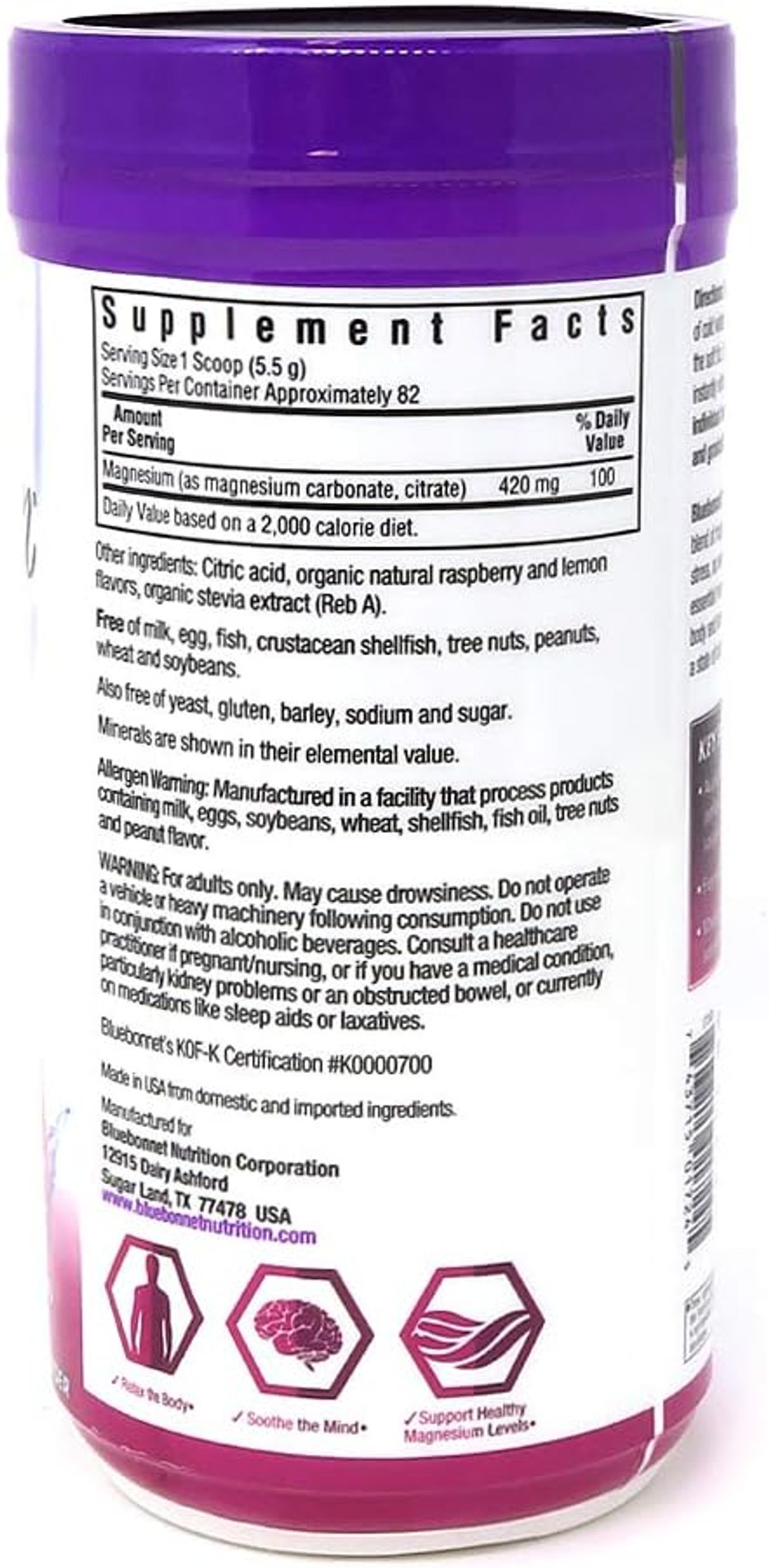 Bluebonnet Nutrition Simply Calm Powder, For Calm*, Muscle Cramps*, Stress Relief*, Soy-Free, Gluten-Free, Non-Gmo, Kosher Certified, Dairy-Free, Vegan, 16 Oz, 82 Servings, Raspberry Lemon Flavor