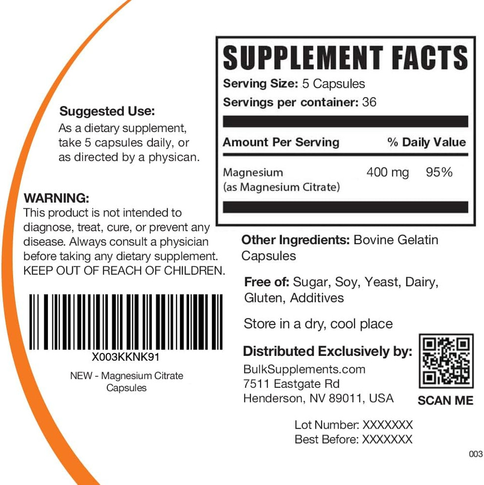 Bulksupplements.Com Magnesium Citrate Capsules - Magnesium Supplement, Magnesium Citrate Laxative, Magnesium Citrate 400Mg - Magnesium Pills, 5 Capsules Per Serving, Gluten Free, 180 Capsules