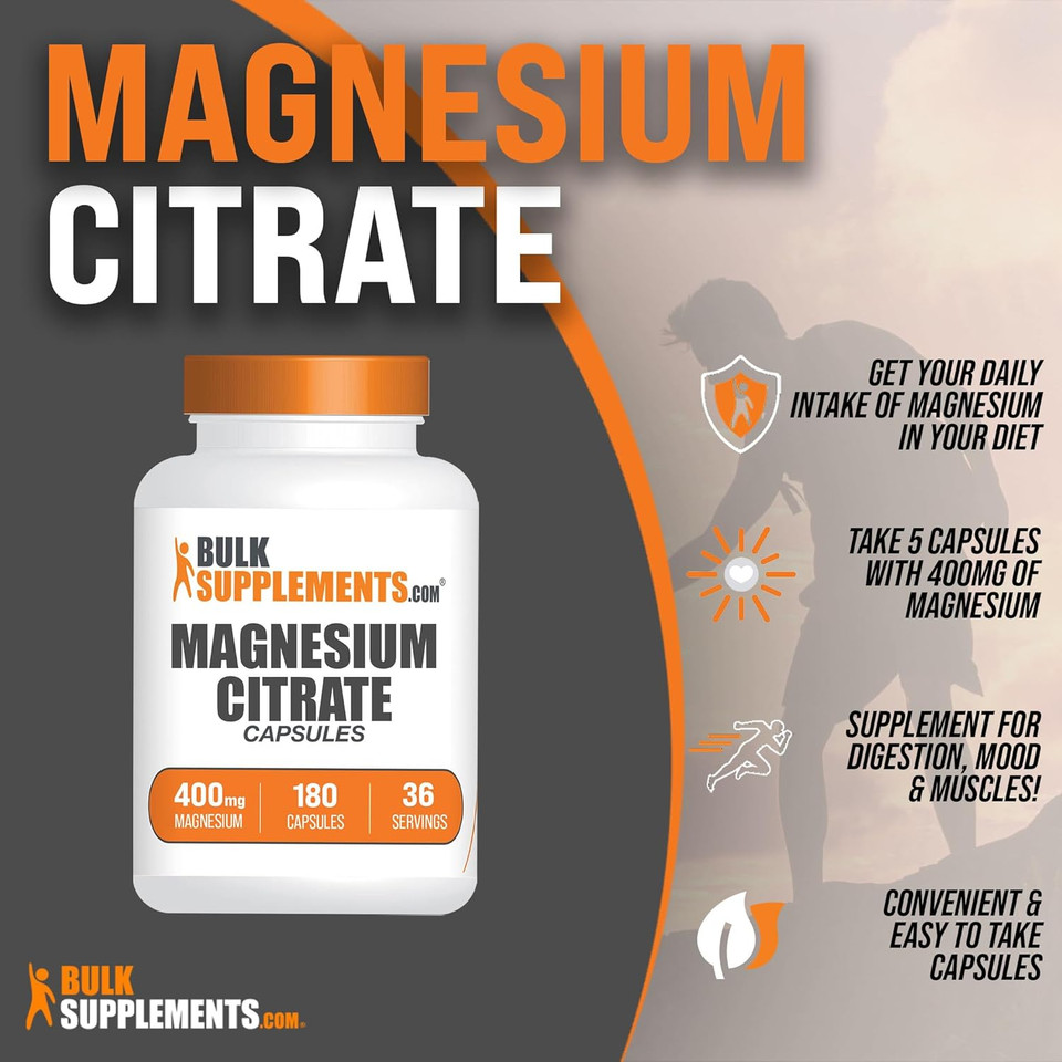 Bulksupplements.Com Magnesium Citrate Capsules - Magnesium Supplement, Magnesium Citrate Laxative, Magnesium Citrate 400Mg - Magnesium Pills, 5 Capsules Per Serving, Gluten Free, 180 Capsules Bulksupplements.Com Magnesium Citrate Capsules - Magnesium Supplement, Magnesium Citrate Laxative, Magnesium Citrate 400Mg - Magnesium Pills, 5 Capsules Per Serving, Gluten Free, 180 Capsules