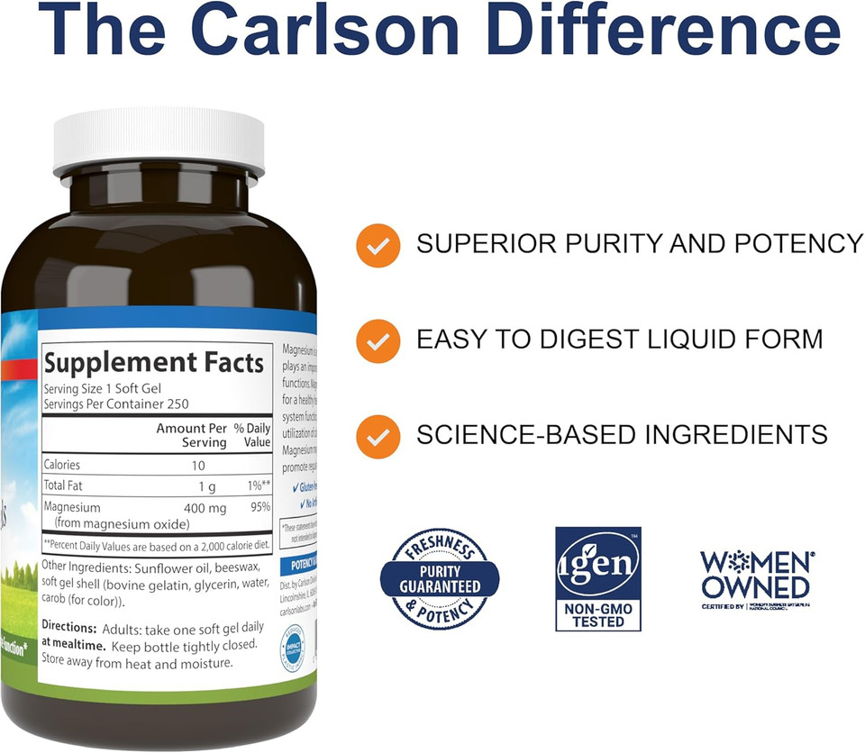 Carlson - Magnesium Gels, 400 Mg Of Magnesium Per Softgel, Heart & Muscle Support, Magnesium Gel Caps, Bowel Function, Magnesium Supplement, 250 Softgels