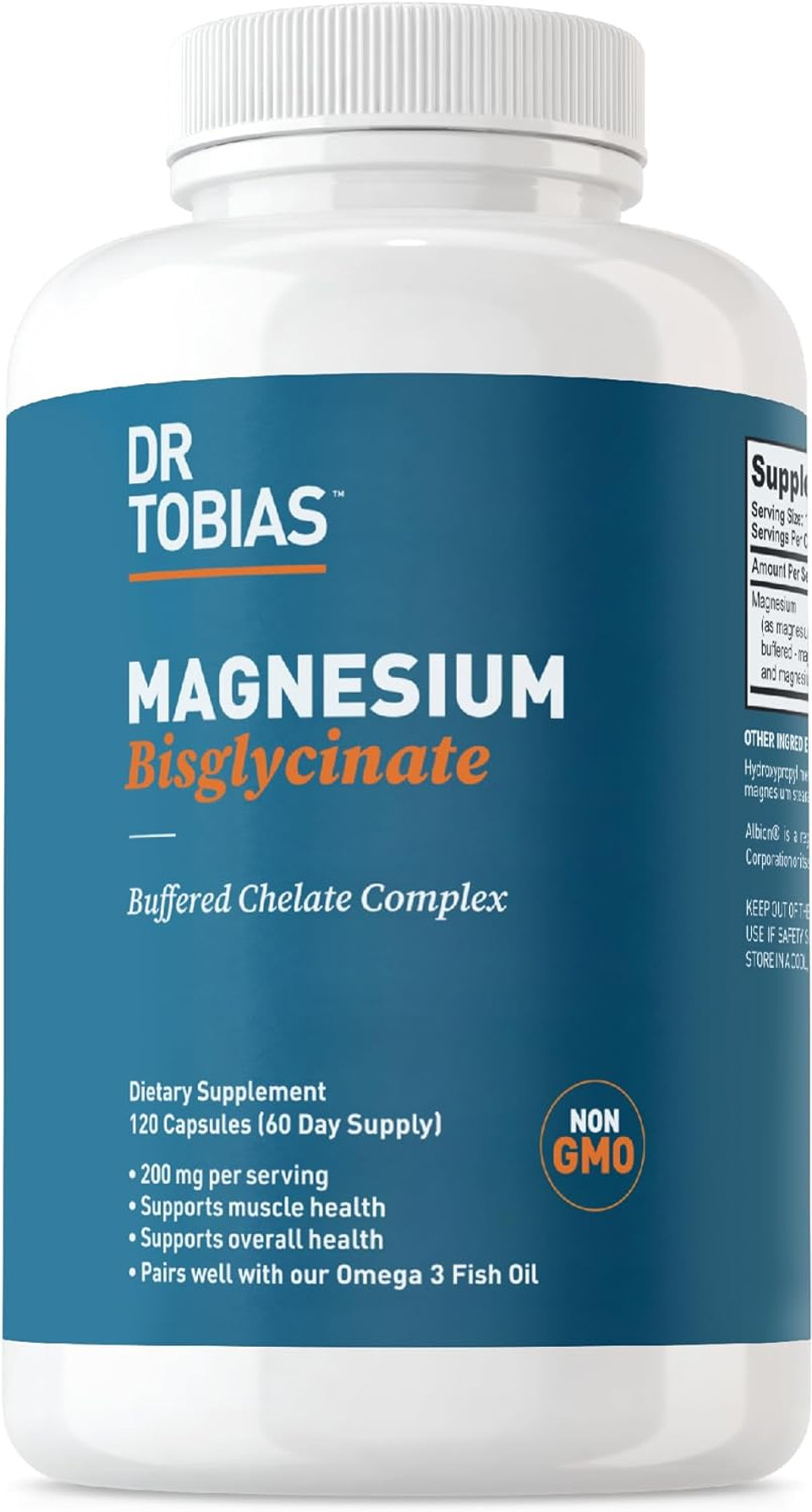 Dr Tobias Magnesium Bisglycinate, High Absorption Magnesium Buffered Chelate Complex, 200 mg per Capsule, Supports Energy, Muscle, Bone & Joint Health, Non-GMO Magnesium Supplement, 120 Capsules