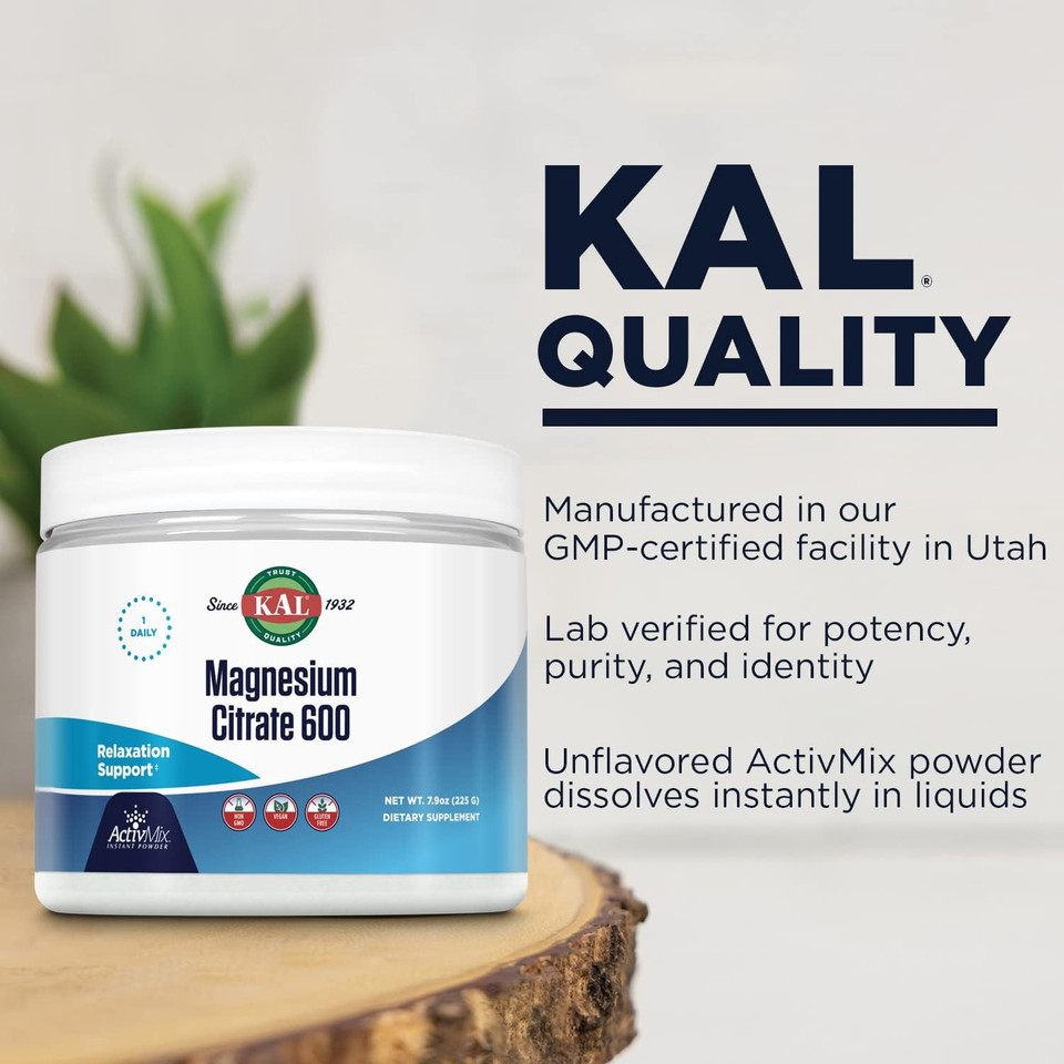 Kal Magnesium Citrate 600 Mg Activmix Instant Powder, Magnesium Supplement For Healthy Muscle Function, Relaxation, Nerve And Circulation Support, Vegan, Non-Gmo, Gluten Free, Approx. 60 Serv, 7.9Oz