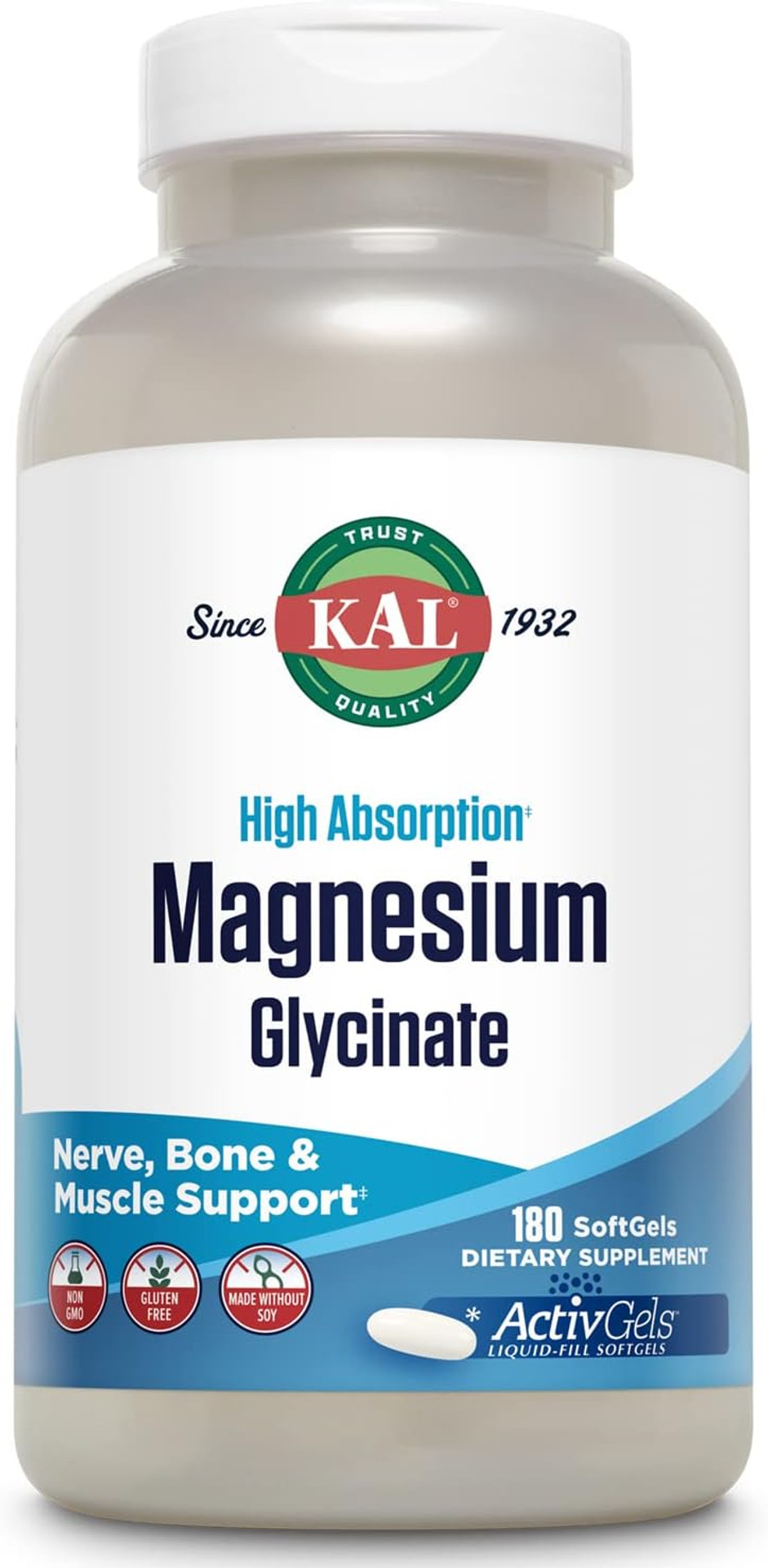 Kal Magnesium Glycinate Activgels 315Mg, Fully Chelated, High Absorption Magnesium Supplement For Relaxation, Muscle & Bone Health Supportã¢Â, Non-Gmo, Gluten Free, 60 Servings, 180 Softgels