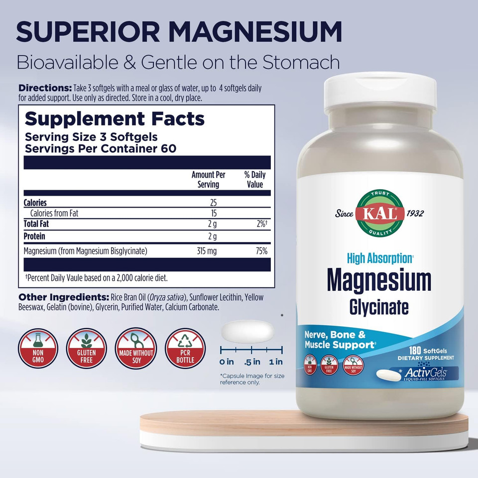 Kal Magnesium Glycinate Activgels 315Mg, Fully Chelated, High Absorption Magnesium Supplement For Relaxation, Muscle & Bone Health Supportã¢Â, Non-Gmo, Gluten Free, 60 Servings, 180 Softgels