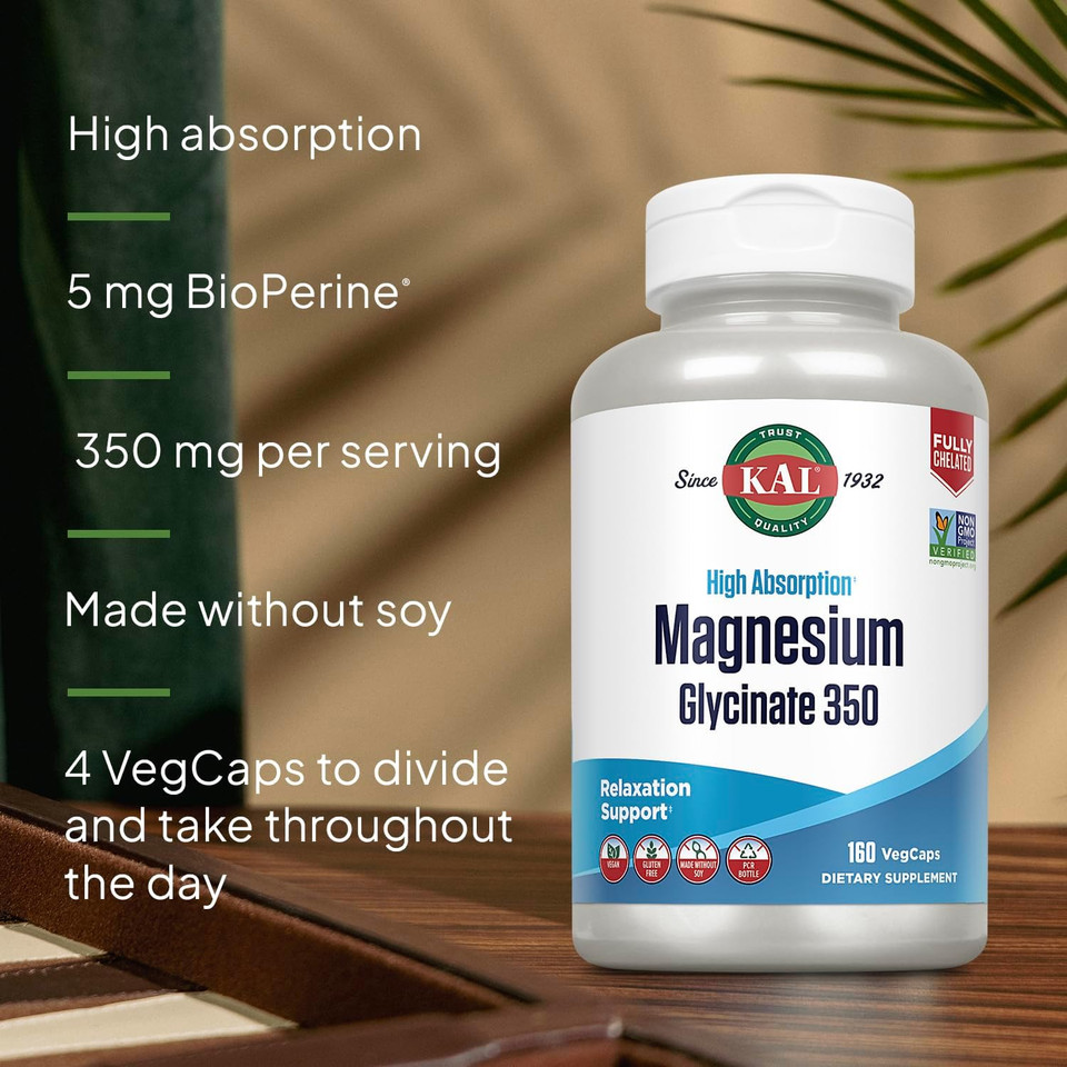 Kal Magnesium Glycinate Capsules, Fully Chelated Magnesium Bisglycinate, High Absorption Magnesium Supplement, Healthy Bones, Muscle, Relaxation And Stress Support, Non-Gmo 160 Count